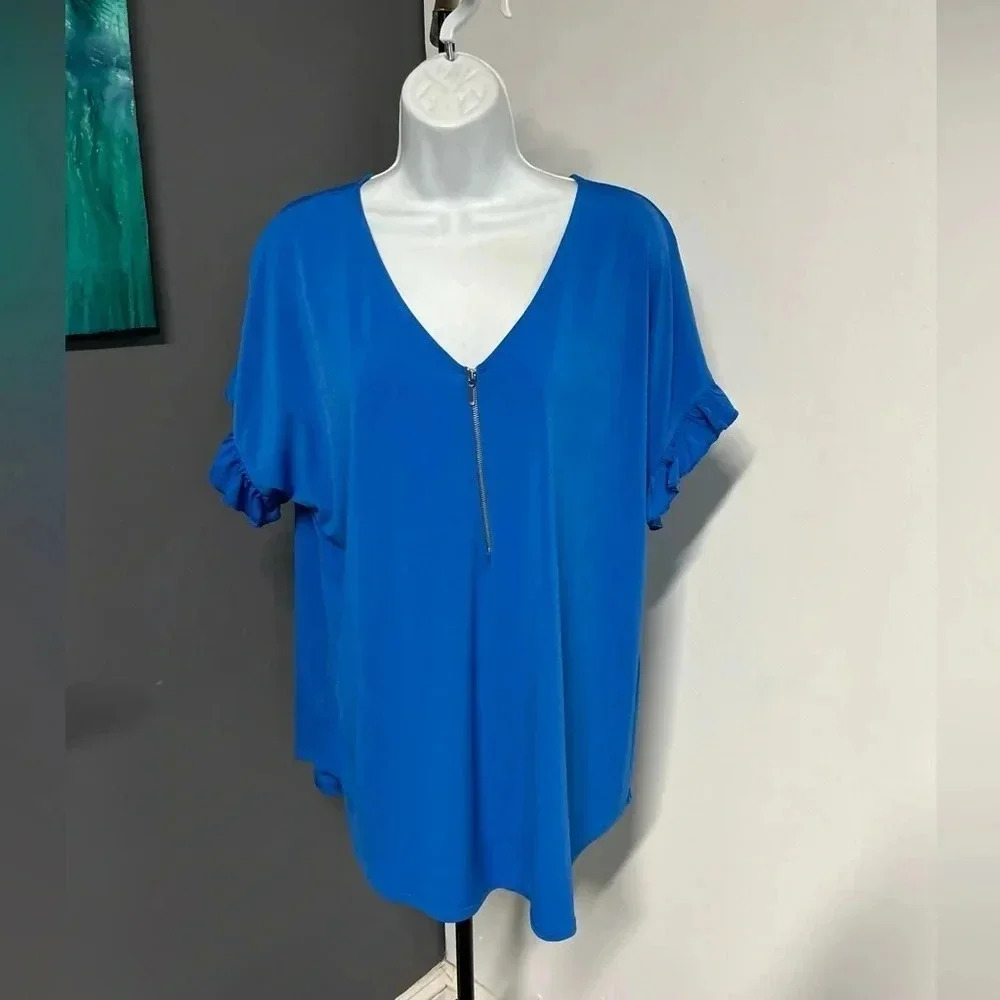 NY Collection Women’s 2X Slinky Top‎ Zipper  V Neck Angel Sleeve Ruffle Stretch